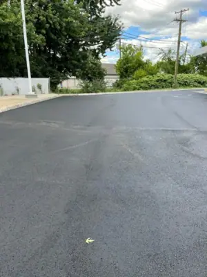 Asphalt surface along the tree-lined boundary of the site.
