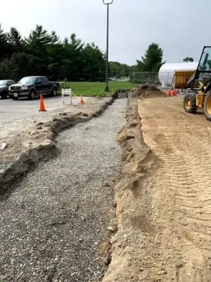 Backfilled utility route between the building and fueling area.
