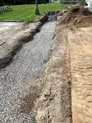 Backfilled utility route between the building and fueling area.